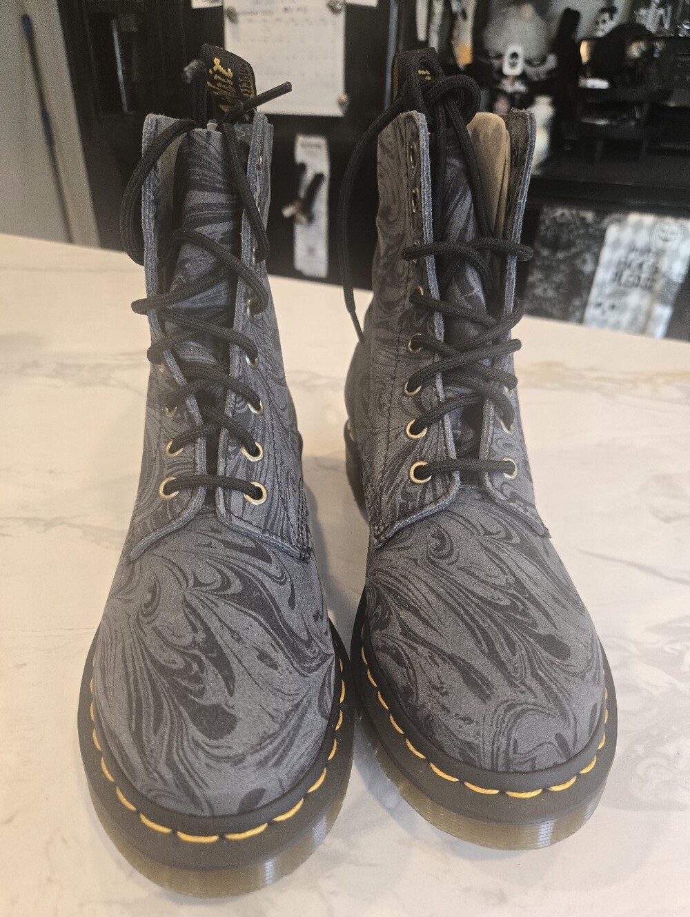 NEW!! Dr Martens Black & Grey Swirl Pattern Suede Boot. Size 8